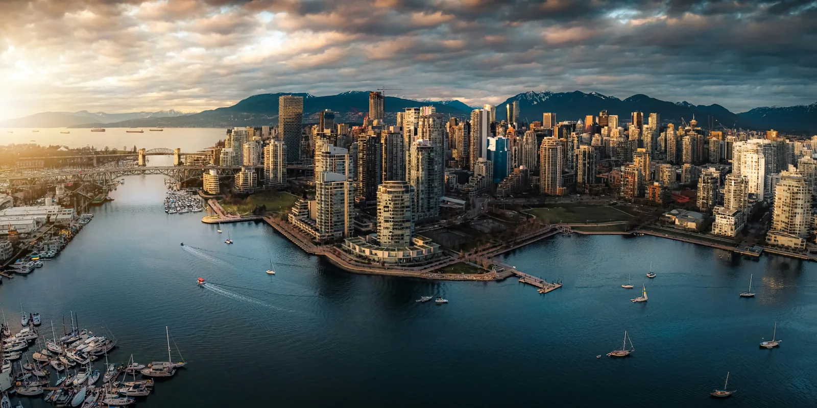 Vancouver skyline and False Creek with the North Shore Mountains